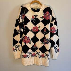 Mackenzie Childs vibe coquette Vintage Diamond Checkered Floral Knit Sweater L